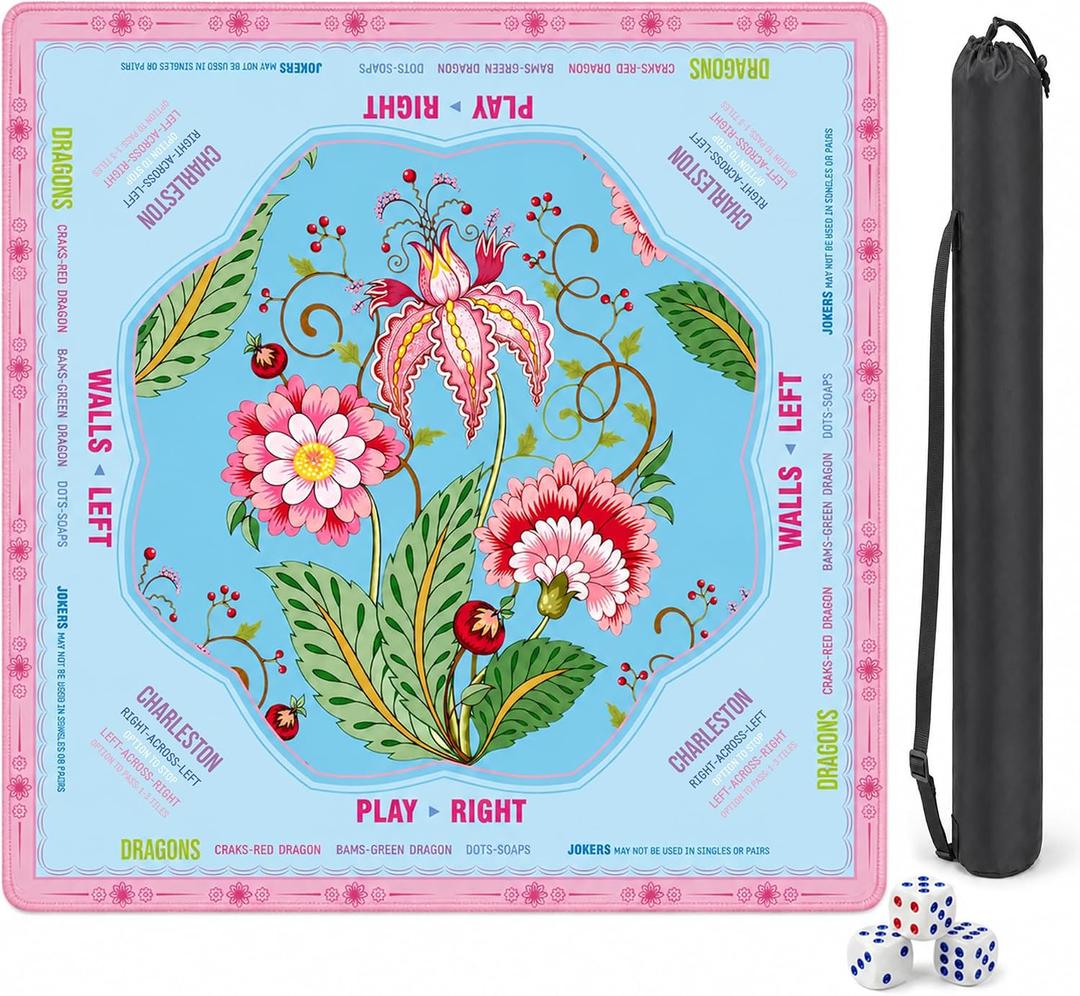Blue Floral Mahjong Mat 31.5" x 31.5" with American Mahjong Rules, Ships Rolled Table Mat, Non-Slip Noise Reducing Gaming Mat with Carry Bag & Dice, Mahjong Accessories Gift for Women/Men
