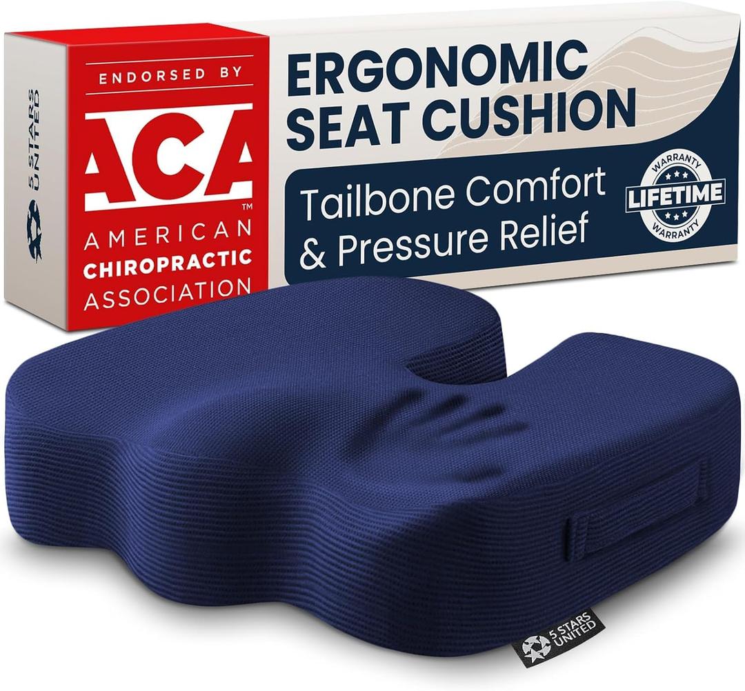 5 STARS UNITED Seat Cushion - Memory Foam Chair Cushion for Tailbone Pain Relief - Ergonomic Support for Coccyx, Sciatica & Butt - Office, Desk & Gaming Chair, Car Seat, Wheelchair, Airplane, Blue, X-Large