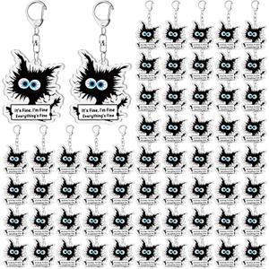 Ferreve 80 Pcs Funny Black Cat Keychains Employees Appreciation Gifts Bulk Its Fine Everythings Fine for Vet Cat Lovers Coworkers