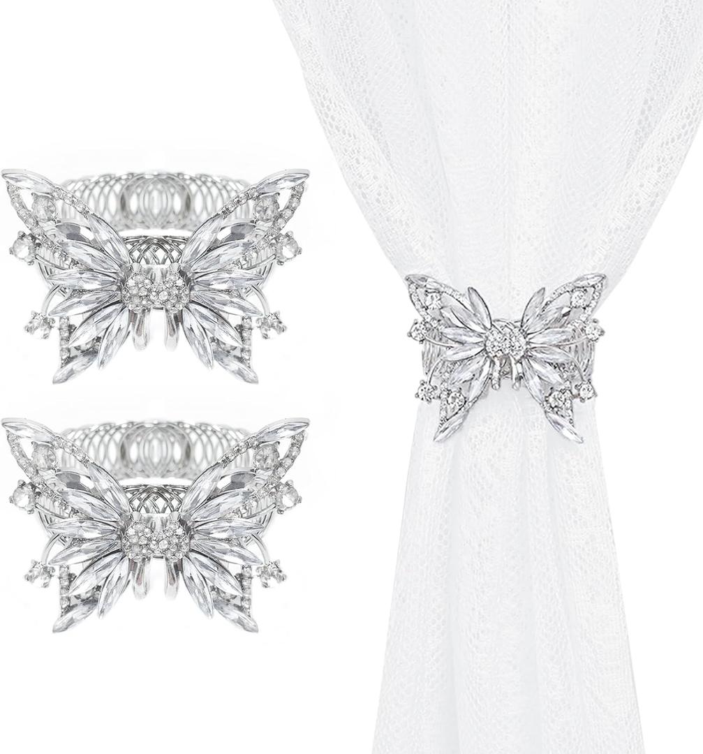 2 Pcs Silver Butterfly Decorative Curtain Tie Backs, YueLvoe Elegant Modern Metal Holdbacks for Living Room, Curtain Ties with Rings, Buckle Holder for Home Office Cafe Balcony (Silver)