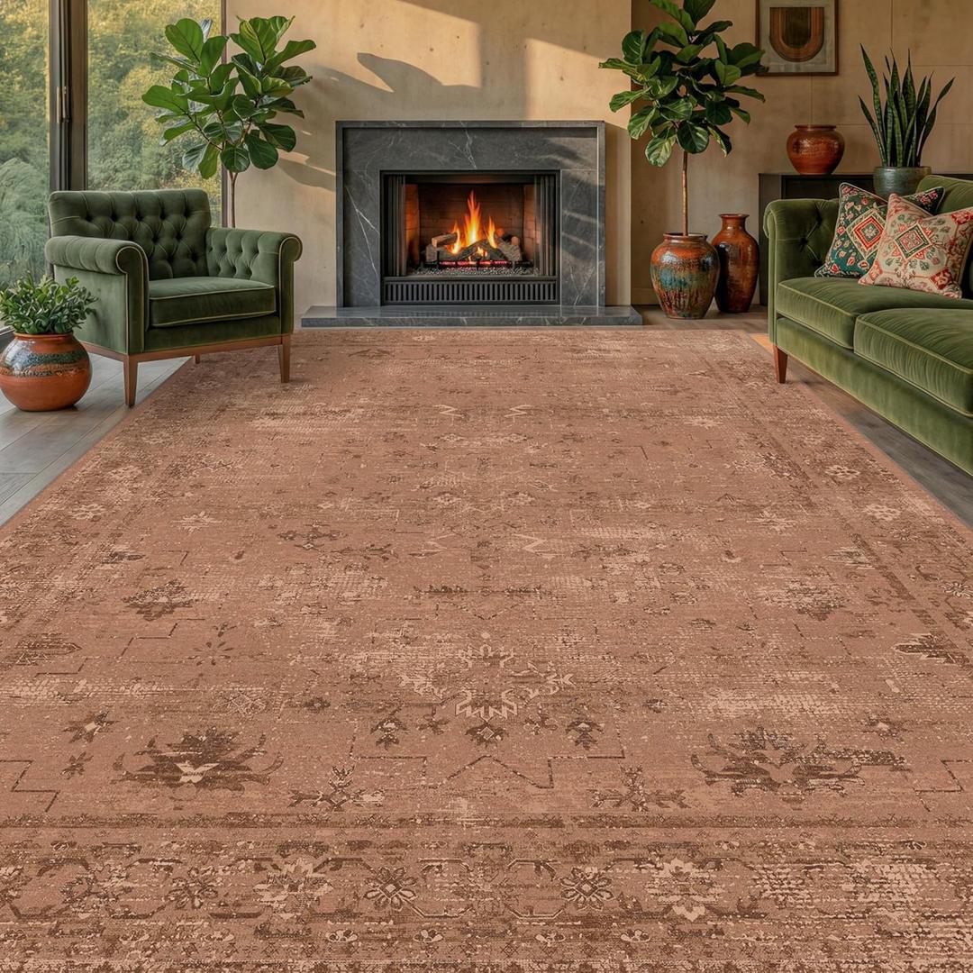 TALANOVA Terracotta 8x10 Washable Area Rug for Living Room, Non Slip Low Pile Mineral Geometric Rug for Bedroom, Dining Room, Distressed Modern Farmhouse Dcor