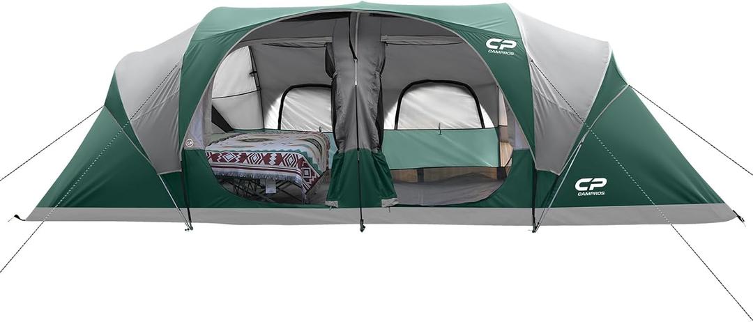 CAMPROS CP Tent 12-Person-Camping-Tents,3 Room Family Tents,Waterproof Windproof Family Tent with Top Rainfly,6 Large Mesh Windows,Double Layer,Easy Set Up, Portable with Carry Bag-20' x 9' x 72"(H) (Dark Green)