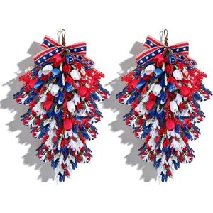2 Pack 21'' Patriotic Teardrop Swag Wreaths for Cabinets Artificial 4th of July Swag Wreath with Red White Blue Tulips Floral and Berries for Independence Day Memorial Day Front Door Porch Window Wall
