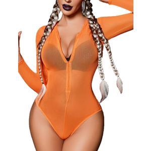 Avidlove Womens Mesh Bodysuit Long Sleeve Snap Crotch Bodysuit See Through Zipper Sheer Leotards Sexy Bodysuit Tops (Medium, Orange)