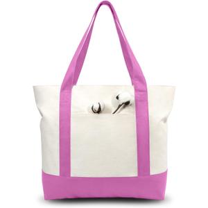 TOPDesign 3-Pack Canvas Tote Bags with an External Pocket, Reusable Grocery Shopping Bags, Top Zipper Closure, Daily Essentials (Light Purple/Natural)