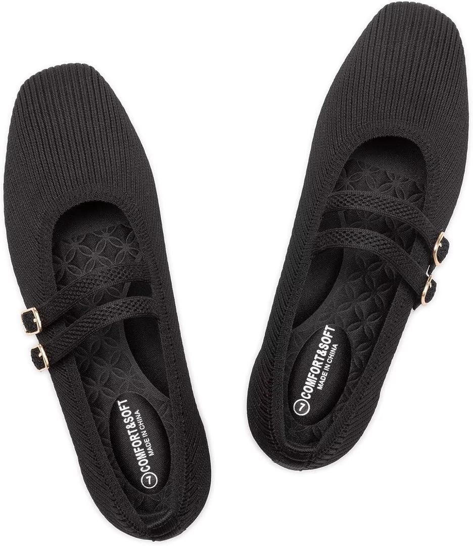 Frank Mully Women's Flats Square Toe Mary Jane Shoes Ballet Flats with Strap Comfortable Slip On Knit Shoes Dressy Casual (11, Black)