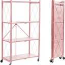 BRIAN & DANY 4-Shelf Foldable Storage Shelves with Wheels, Folding Metal Rack Shelving Unit, Heavy Duty No Assembly Organizer Shelf for Garage, Kitchen, Basement, Pantry, Pink