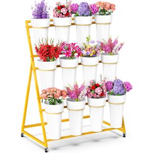 Asee'm Flower Display Stand with Buckets, 3 Layer Metal Flower Bar Stand, Heavy Duty Flowers Cart Display with Wheels Moving Plant Bouquet Shelf for Indoor Outdoor Patio Decor Terrace Wedding Gold