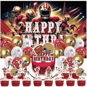 32Pcs San Francisco Team Birthday Decorations,Football Party Supplies with Backdrop,Cupcake Toppers,Cake Cupcake Toppers,Balloons for Boys Girls Party Decor