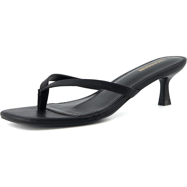 Kitten Flip Flop Thong Low Heels for Women Square Open Toe Slip On Heeled Sandals (9, Black)
