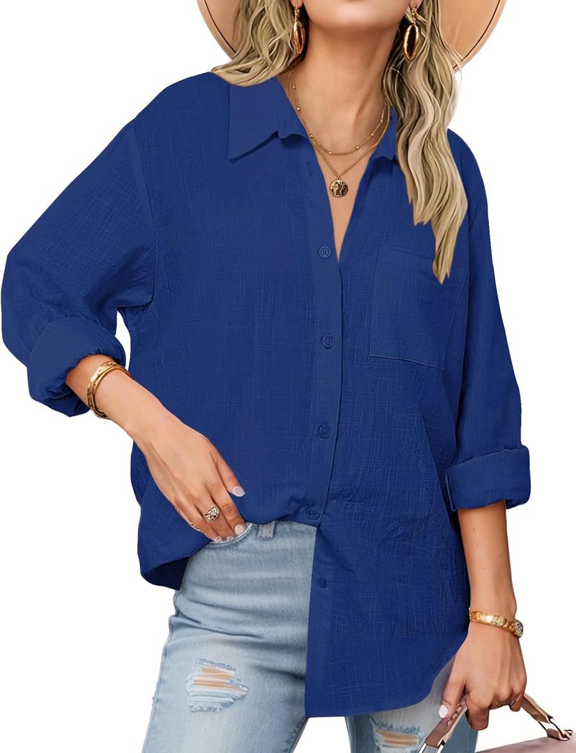 Zeagoo Womens Button Down Shirts Long Sleeve Cotton Gauze Tops Casual Collared Blouses Loose Fit (3XL, Navy Blue)