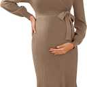 V FOR CITY Maternity Sweater Dress Baby Shower Party Wrap V Neck Tie Waist Knit Winter Dresses Tan Large