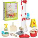 Kids Mini Cleaning Toy Set 13 Piece Toddler Cleaning Kit with Broom, Mop, Storage Rack, Cleaning Bucket, Wet Floor Sign & More, Housework Pretend Play Gift for Girl Boy