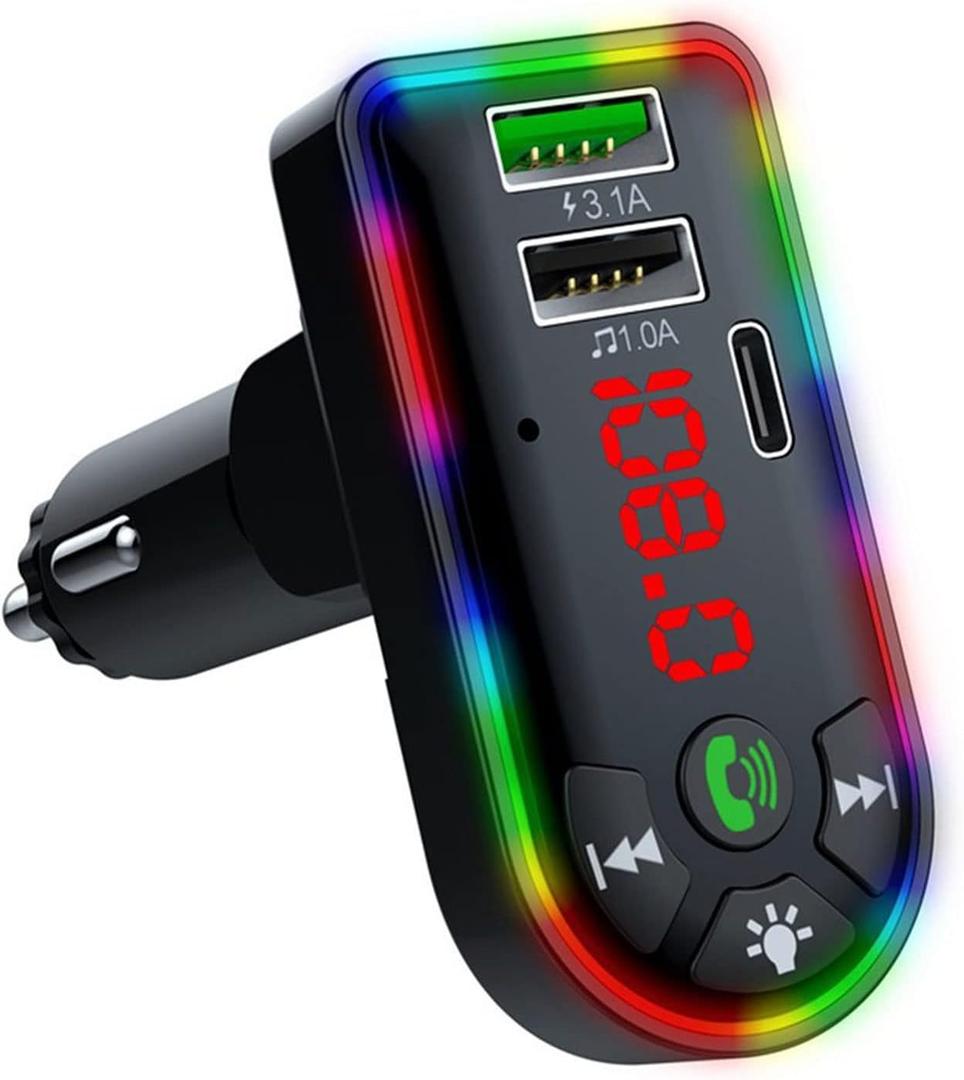 Car Bluetooth Adapter, Car Mp3 Player Bluetooth Fm Transmitter Hands Stereo Dual USB Charging with Colorful Ambient Light, Support Card