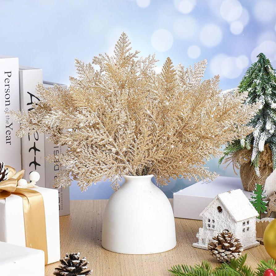 Cindeer 100 Pcs Christmas Tree Picks Sprays 10.2 Inch Glitter Artificial Pine Leaves Cedar Stem Faux Pine Needles Greenery Cedar Branches Ornament for Home Garland Wreath Winter Decor(Champagne Gold)