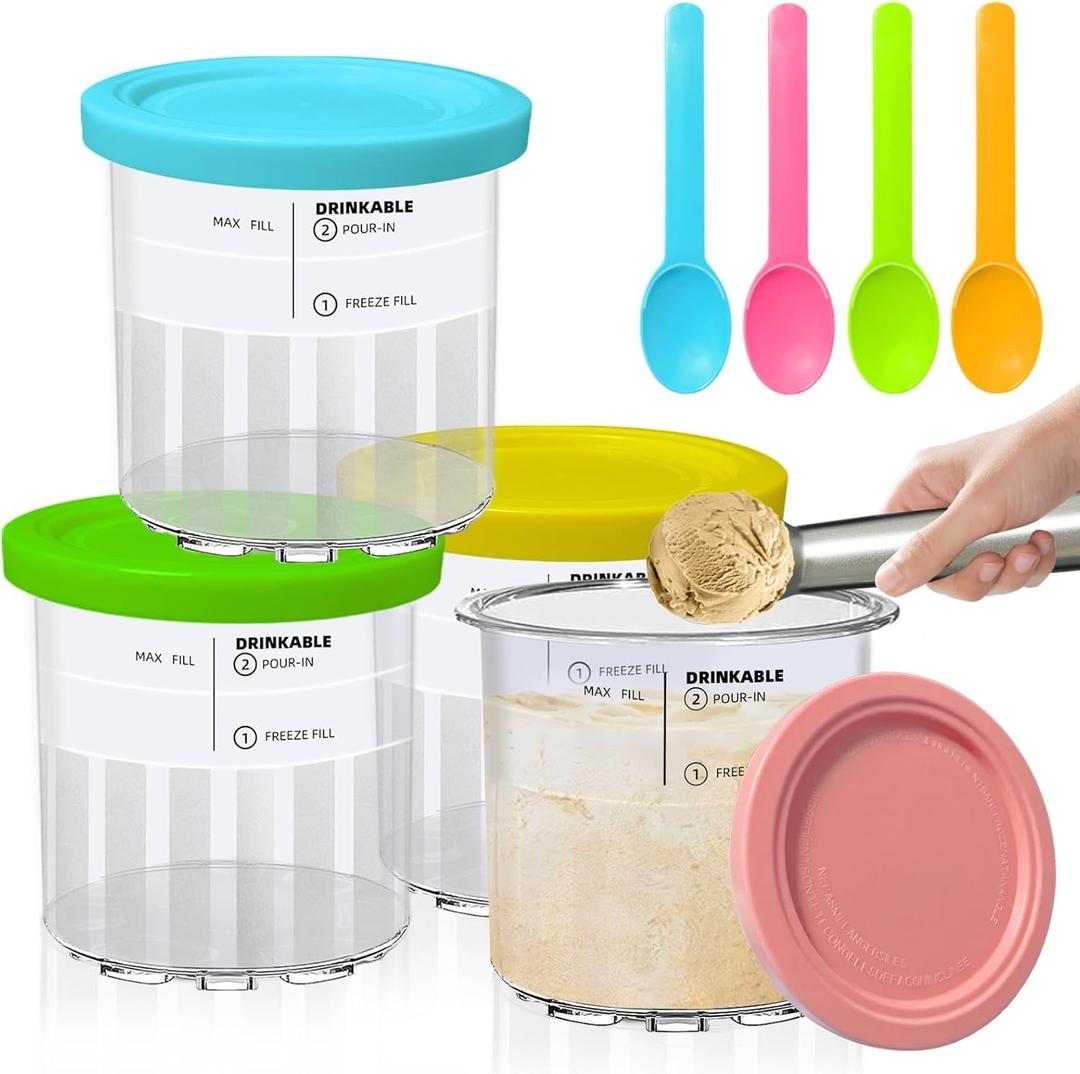 4 Pack Pints Creami Deluxe Pints with 4 spoons, 1 metal spoon & 4 Lids, 24oz Creami Pints Compatible with NC500 NC501 Series Ice Cream Makers Machine Accessories, BPA-Free And Dishwasher Safe