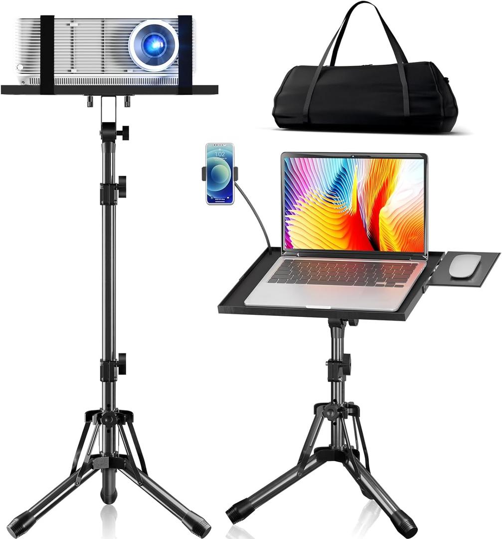 KOOV Projector Stand Adjustable Height 20" to 61", Foldable Projector Tripod Stand with Mouse Tray & Phone Holder, Portable Laptop Floor Stand for Office Home Stage Studio DJ Racks Podium Stand