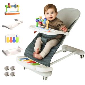 CuddoBaby Baby Bouncer 4-in-1 on Wheels |Detachable Pianos, Feeding Tray| 3-Level Recline Foldable Seat with Play Bar for Infant to Toddler 0-6, 0-12, 12-24 Months, Boy Gift Idea - Blue