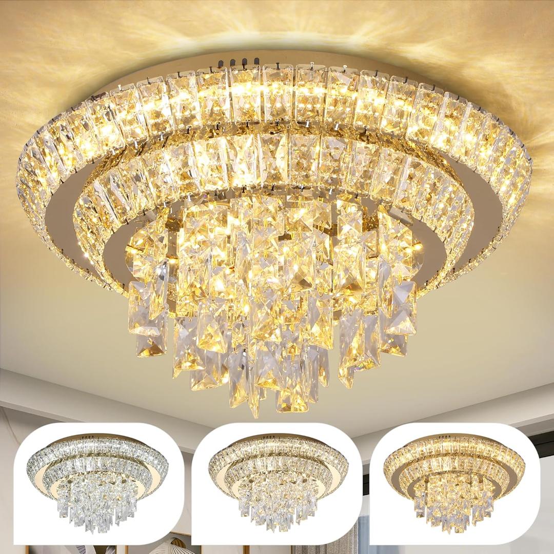 COCOSTAR Gold Elegant LED Crystal Raindrop Ceiling Light, 18" Modern Flush Mount Chandelier Light Fixture with Remote Control, 3CCT Dimmable, for Living Room Kitchen Island Bedroom Entryway Foyer