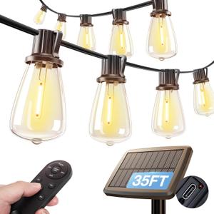 addlon 35FT Solar String Lights Outdoor, Waterproof Solar Powered with Remote & USB Port, 10+1 LED Shatterproof Bulbs, Dimmable Solar Light Outdoor for Camping Backyard Bistro Porch
