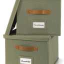 ZICOTO Decorative File Organizer Box Set of 2 - Collapsible Linen Filing Cabinets w/Handles Are Perfect to Store all Your Documents & Hanging File Folders - Portable Easy Slide Crates with Lid (Sage Green)