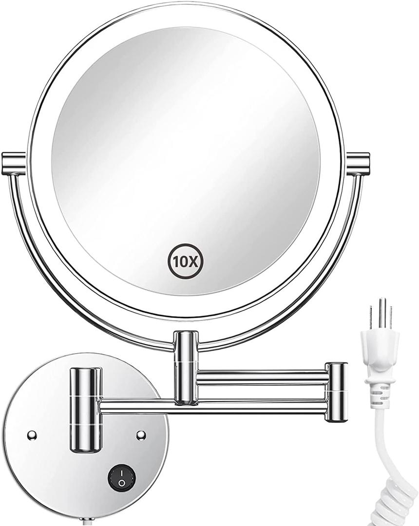 Gospire 8.5" Wall Mounted Lighted Magnifying Mirror, 1X/10X Double-Sided Magnification Round LED Cosmetic Vanity Bathroom Mirror Extendable Arm 360 Swivel for Shaving Makeup (Silvery)