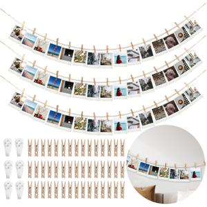 Hanging Photo Display Wall Decor with 45 Wood Clips, YuanDe 67 Inches Boho Wooden Bead Garland Collage Picture Frame Photos String DIY, Photo Hanger for Bedroom Office Dorm Room Decor Gifts(3PCS)