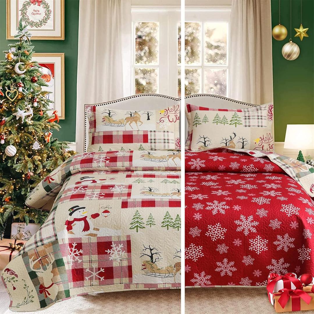 Green Essen Reversible Xmas Bedding Quilts Full/Queen Size Plaid Christmas Bedspread Patchwork Red Beige Snowmen Quilt Reindeer Snowflake Coverlet Moose Bed Set