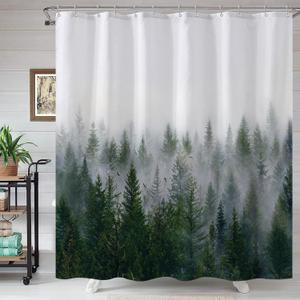 Accnicc Misty Forest Shower Curtain Dark Green Nature Shower Curtains for Bathroom Pine Tree Foggy Woodland Birds Waterproof Fabric Decorative Bath Curtain 7272 Inch