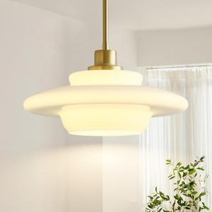 Mid Century Modern Pendant Light Fixtures,Gold Milk Glass Pendant Lights Kitchen Island with White Glass Shade Pendant Lighting for Dining Room Bedroom (white 12.6inch)
