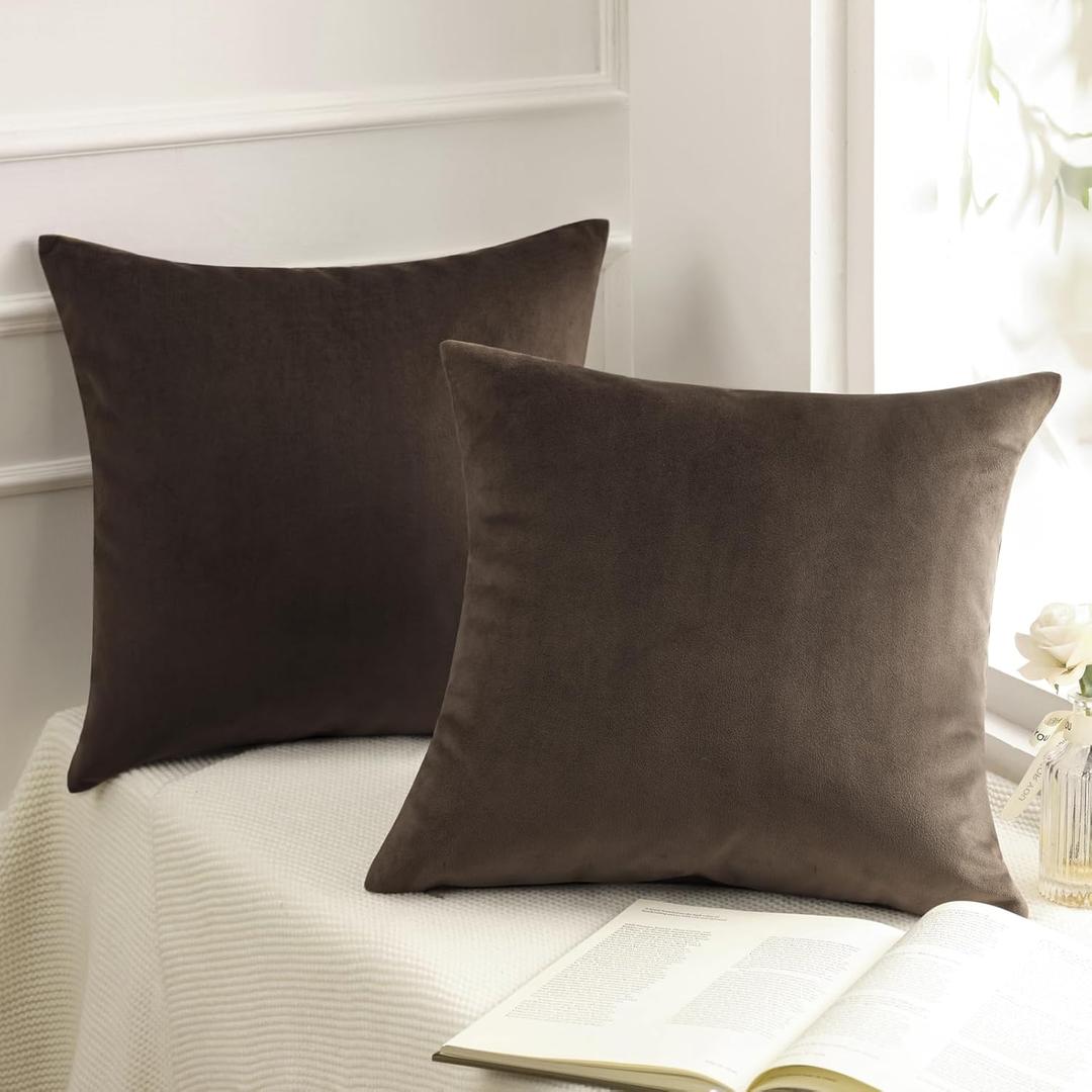 Phantoscope Pack of 2 Velvet Decorative Throw Decorative Pillow Cover Soft Solid Square Cushion Case for Couch Dark Coffee 18 x 18 inches 45 x 45 cm