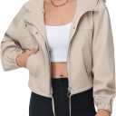 Simlakey Women Cropped Bomber Jacket Lightweight Casual Zip Up Long Sleeve Hooded Short Outerwear Loose Fit with Pockets (Apricot, S)