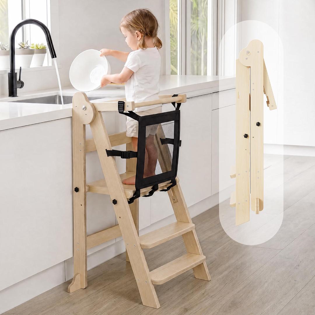 PETKABOO Foldable Kid Toddler Kitchen Stool – Foldable Standing Tower with Safety Net, Adjustable Height Folding Step Stool for Learning & Cooking, Ages 18 Months–6 Years, Pine