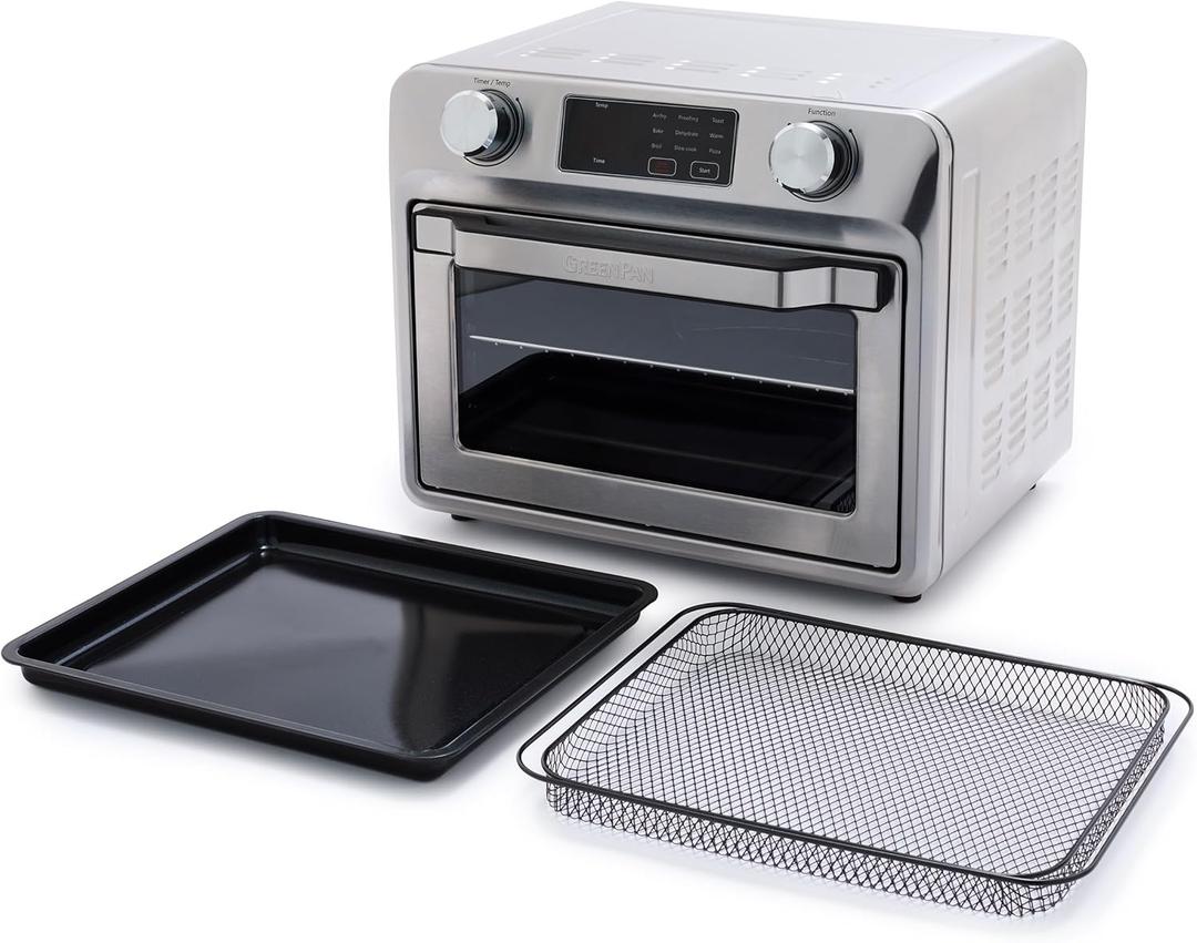 GreenPan Bistro Stainless Steel 9-in-1 Air Fry Oven, Nonstick Baking Pan, Stainless Steel Rack, and Basket, Fast Heating, Multifunction Presets, Cool-Touch Handle, PFAS-Free, Easy Cleanup Crumb Tray