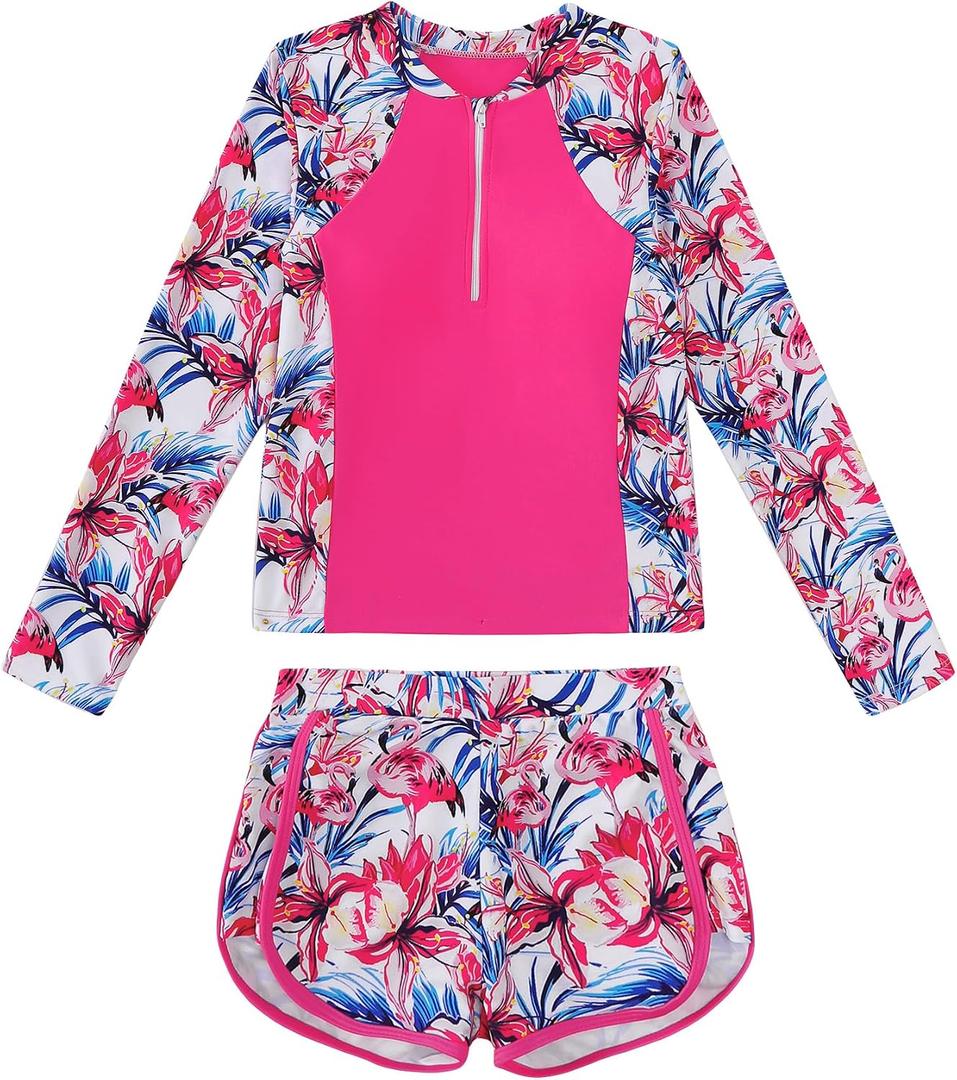 Mioglrie Girls Swimsuit Teen Bathing Suits Long Sleeve Girls' Swimwear Zipper Kids 2 Piece Tankini Swim Suit for Girl