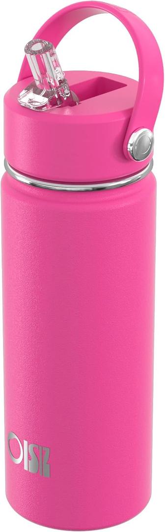 OISIZ 18oz Kids Water Bottle with Straw Lid, Vacuum Insulated Water Bottle 316 Stainless Steel Bottles for Kids for School, Leakproof Water cups, BPA Free and Keep Cold for 24 Hours,Easy to Clean (Azalea Pink)