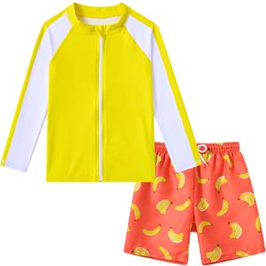 Boys Two Piece Swim Set Zipper Rash Guard Swimsuits Long Sleeve Bathing Suit for 4-12 Years (Yellow)