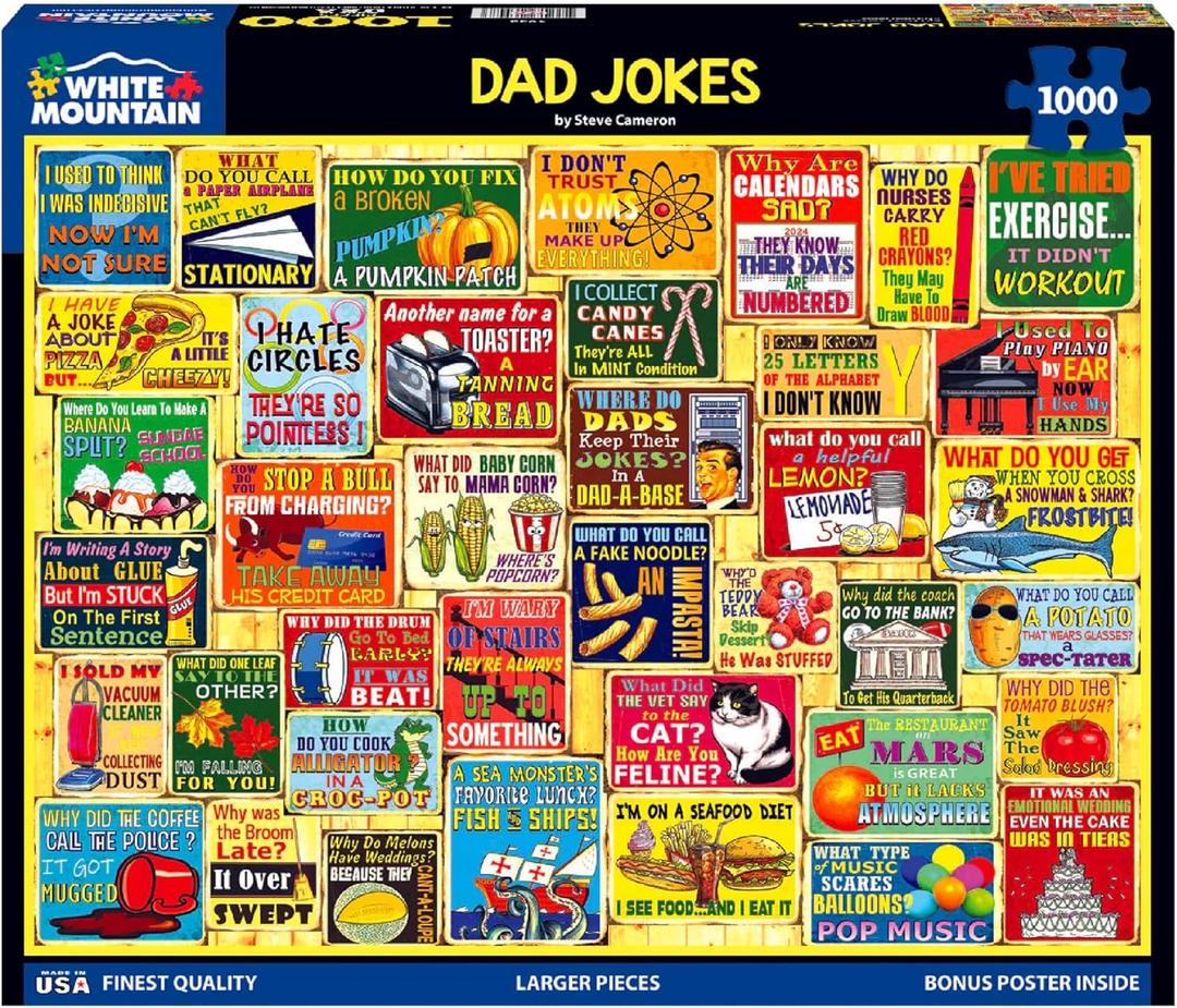 White Mountain 1000 Piece Puzzle Fun Collage Jigsaw Puzzles Gift for Adults Family and Grandparents - Dad Jokes