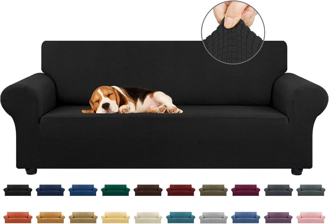 KEKUOU Stretch Sofa Cover Slipcover ，Couch Covers for 3 Cushion Couch Sofa pet Friendly (78"-94") Furniture Protector Sofa with Elastic Bottom for Kids,Dog, Jacquard Small Checked (Large, Black)