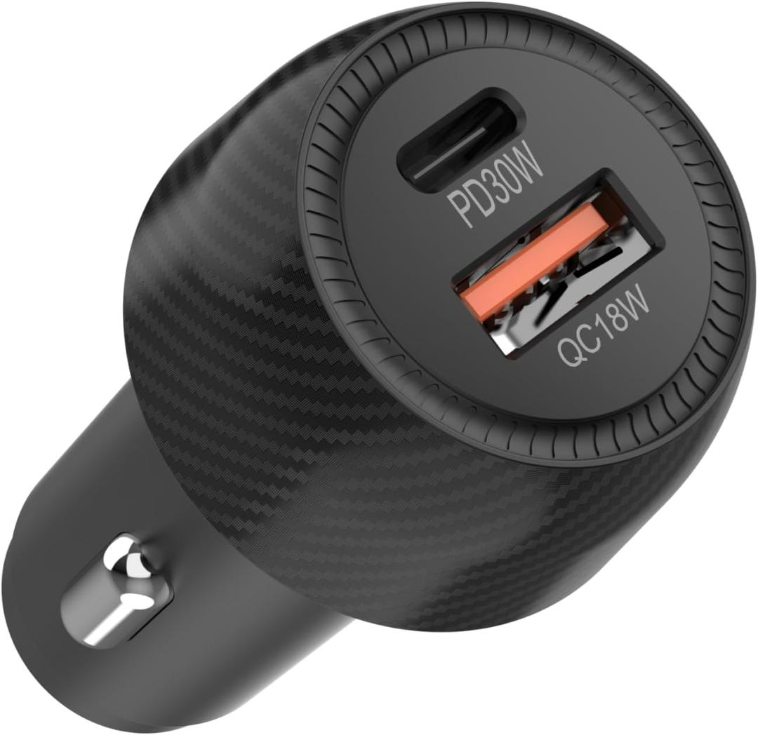 Car Charger with USB-C and USB-A Ports, 30W PD, 18W QC, Black