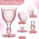 Bokon 12 Pack Pink Glass Goblets Set 10 oz High Clear Wine Glass Vintage Water Goblets Cups Embossed Diamond Design Glassware with Stem for Drinking Juice Liquor Party Wedding Bar, Standard