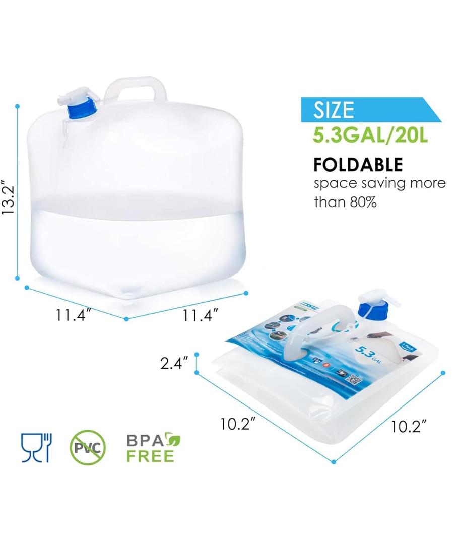Collapsible Water Container with Spigot, 2×5.3 Gallon BPA Free Camping Water Storage Jug Carrier for Outdoors Hiking Backpack RV&Emergency, Survival Water Canteen-Portable Foldable Transparent