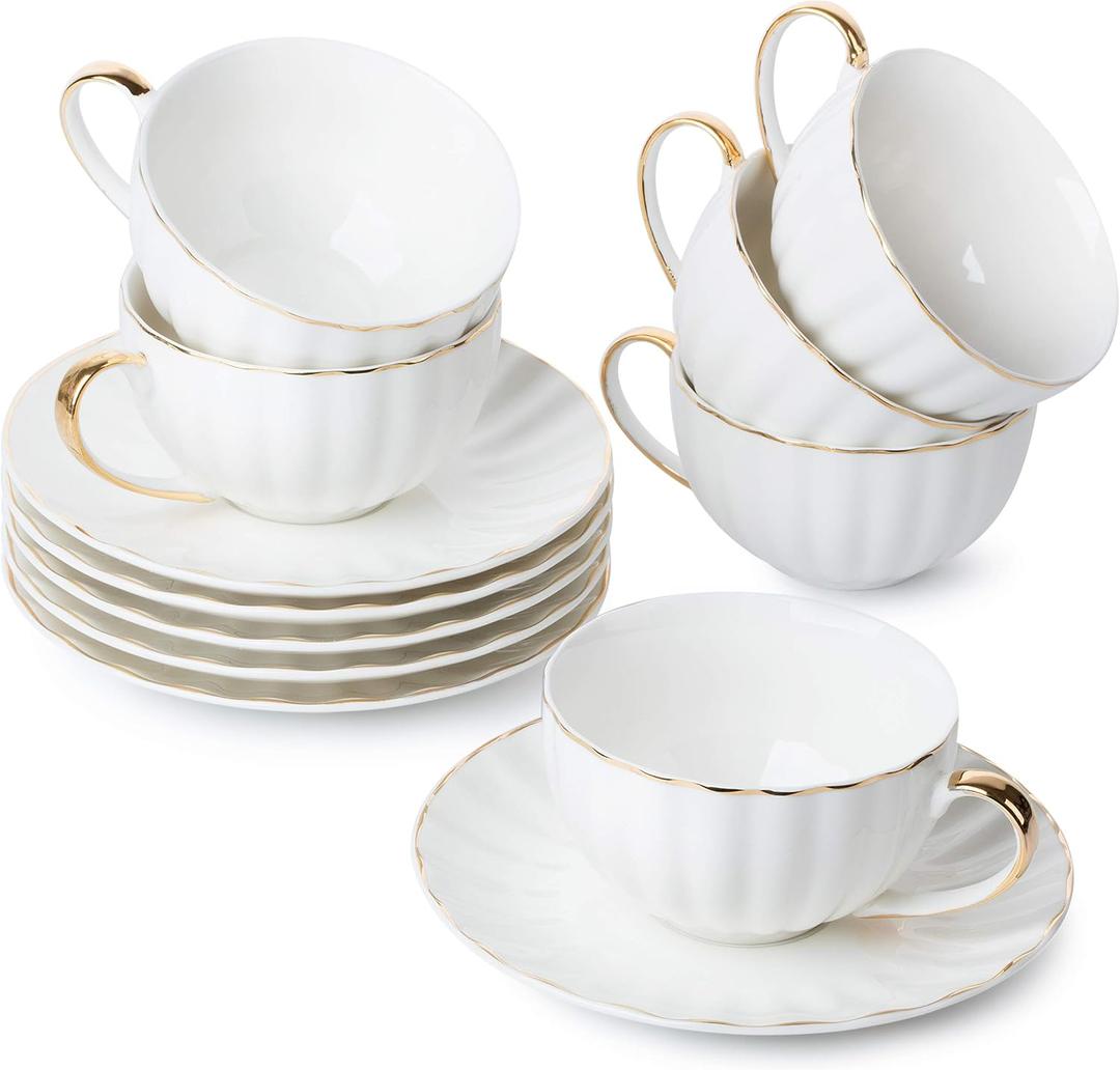 BTaT- Cappuccino Cups with Saucers 7 oz, Set of 6, White Porcelain Coffee Cup and Saucer Set for Latte with Golden Trim Design, Dishwasher Safe, Mocha, Tea, Au Lait, Flat White, Mothers Day Gift