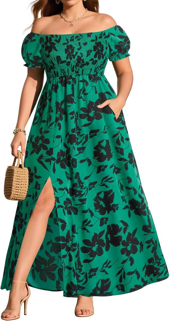 Plus Size Summer Dresses - Boho Casual Off Shoulder Floral Long Maxi Dress with Pockets 20Plus