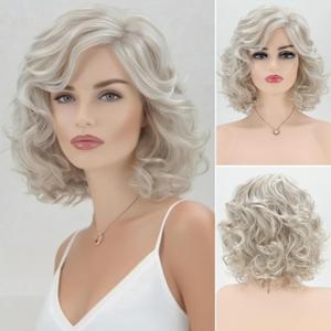 RENERSHOW Short Sliver Gray Curly Wigs for White Women Grey Mix Little Light Brown Wavy Bob Wig with Curtain Bangs Heat Synthetic Daily to Party Womens Wig (Silver)