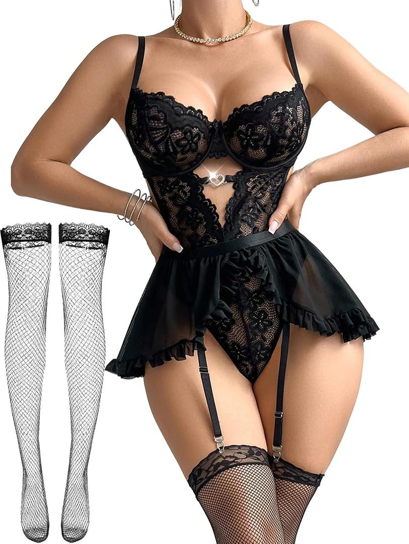 Alrovetoney Women Lingerie with Garter Belt 4pcs Set Lace Contrast Mesh Bodysuit Ruffle Garter Belt Skirt With Stockings (Black, XXL)