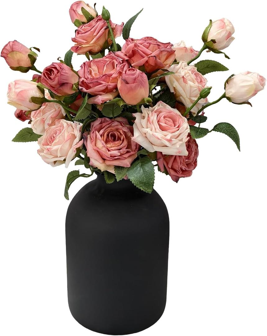 Artificial Flowers with Vase, 15 Heads Silk Roses, Flowers for Centerpieces, Matte Black Metal Vase, Modern Farmhouse Decor, Tabletop Decorations for Party, House Stuff for New Home, 8.6"