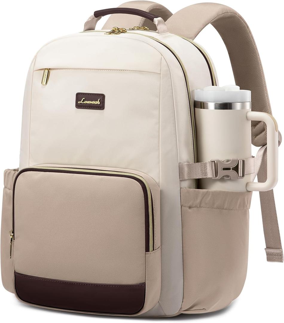 LOVEVOOK Laptop Backpack for Women with Pouch Pocket for Large Capacity Cup,15.6 Inch Laptop Computer Bag Travel Backpack Purse,Waterproof Work Business College Teacher Backpack,Beige-Nude-Logam Plum