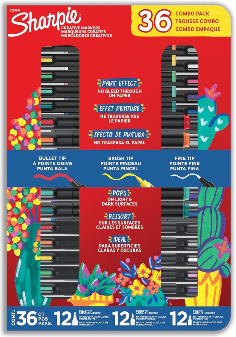 Sharpie Creative Markers Variety Pack, Water-Based Acrylic Paint Markers, Assorted Tips and Colors, 36 Count - Works on Paper, Metal, Wood, Ceramic, Glass, Rock, Canvas