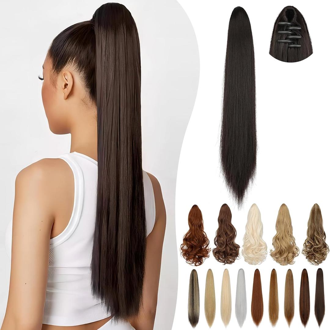 Ponytail Extension Claw 18" 20" Long Curly Wavy Straight Clip in Natural Looking Synthetic Hair Extension Ponytail Hairpiece for Women Dark Brown
